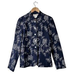 Harve Benard Blazer Womens 10 Navy Linen Blend Floral Embroidered Jacket Preppy